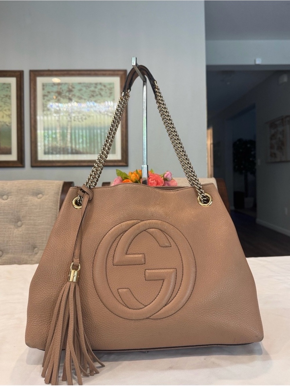 Gucci Pebbled Leather Shoulder Bag with Tassel in Tan (color fading)